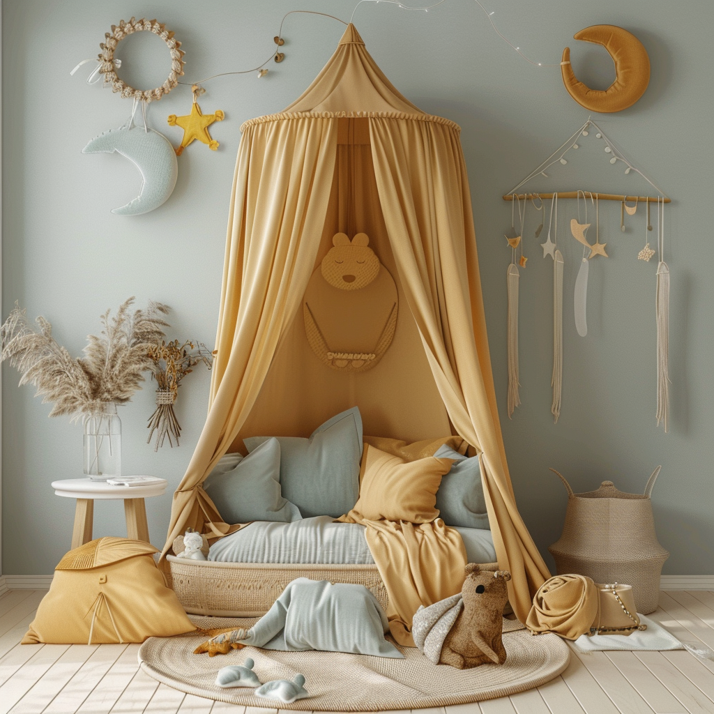Kinderzimmer in warmen beige und gelb,, Kuscheleck mit Baldachin