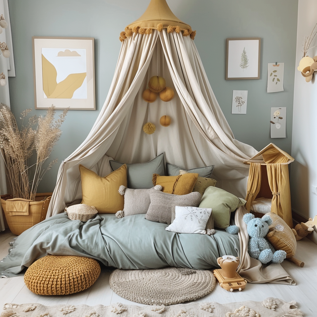 Jugendzimmer, eingerichtet in abgetöntem Blau, mit zartem Beige, 