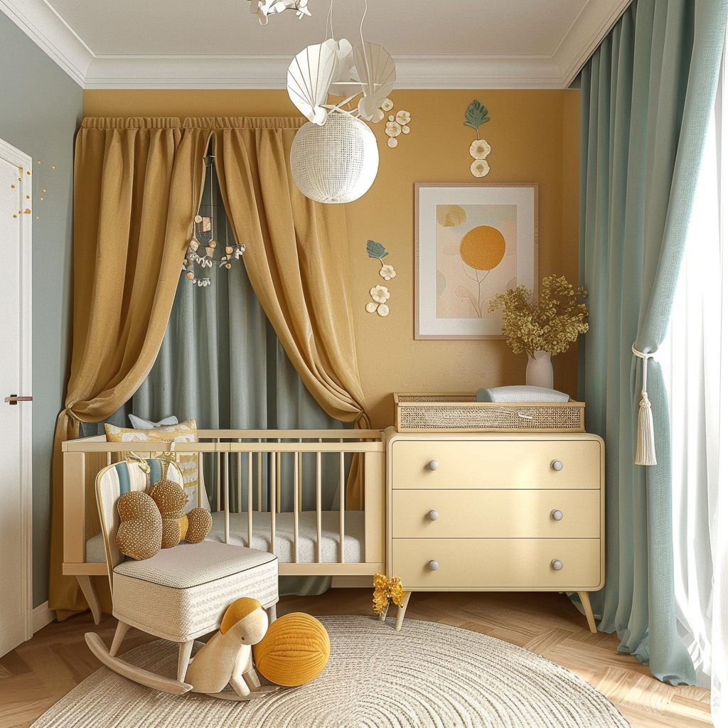 Babyzimmer mit Wickelkomode und Bettchen mit Baldachin, warme beige und sanfte gelb-Töne