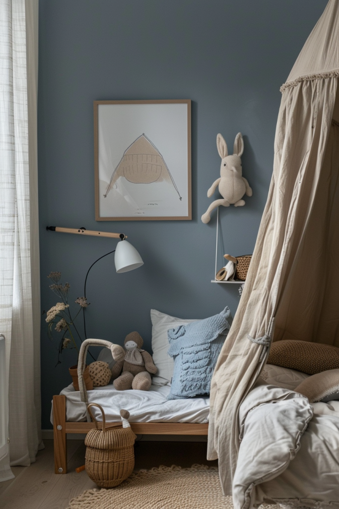 Blau senkt Puls und Aktivität. Besonders geeignet sind matte, graustichige Varianten. Solche Töne gehören zu den effektivsten Kinderzimmer Farben für aktive Kinder, weil sie Ruhe vermitteln, ohne kühl zu wirken.